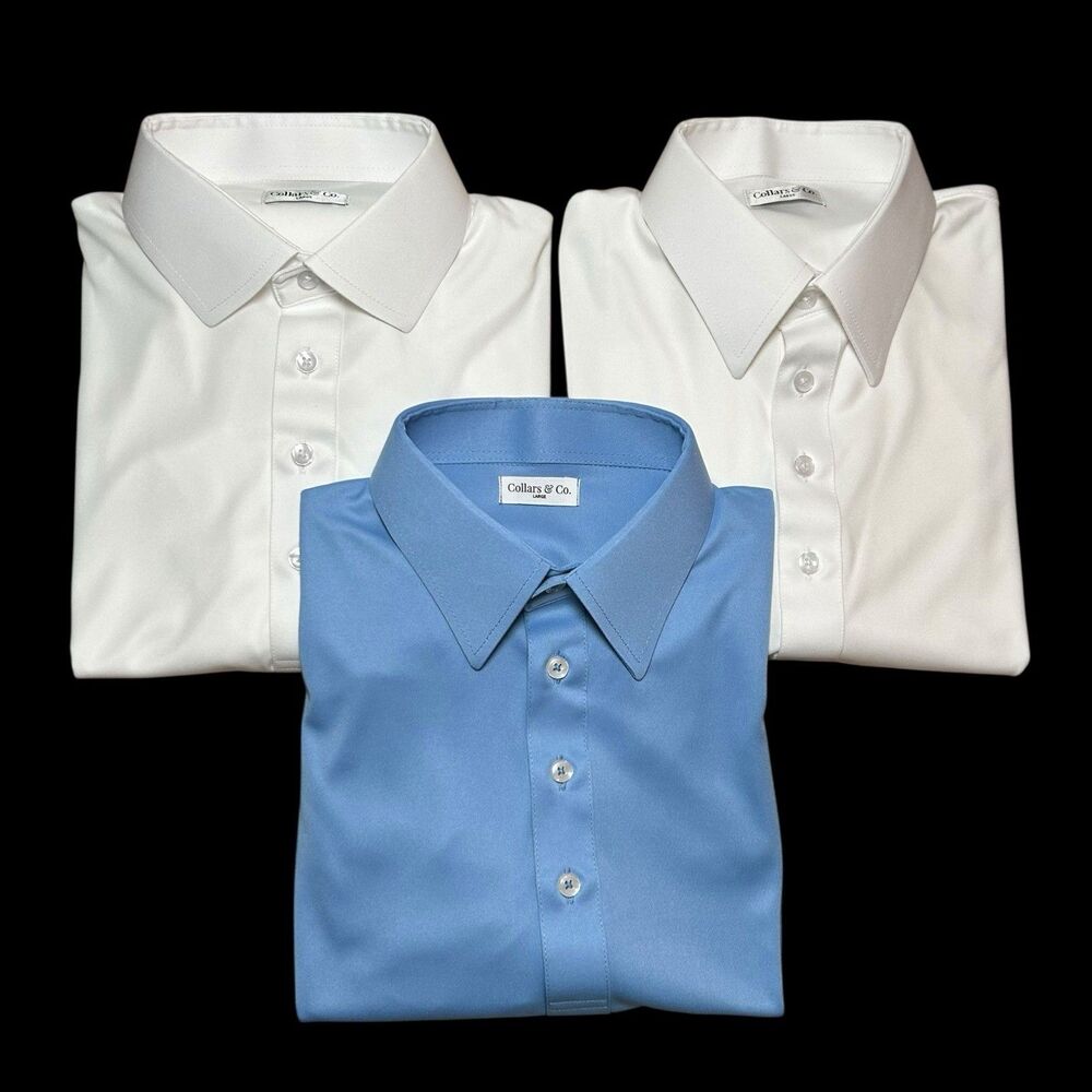 Collars & Co Polo Shirt Mens Large White Blue Office Dress Collar Lot of 3 Pack